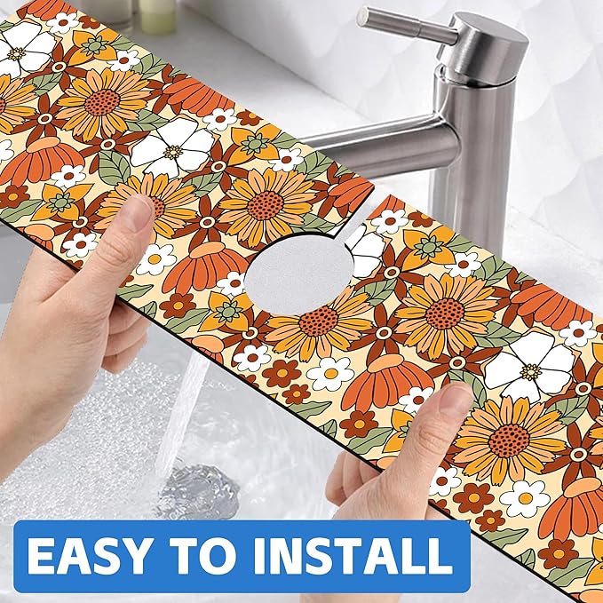 70s Retro Orange Floral Kitchen Sink Splash Guard Mat Absorbent Fast Drying Mat - Image 6