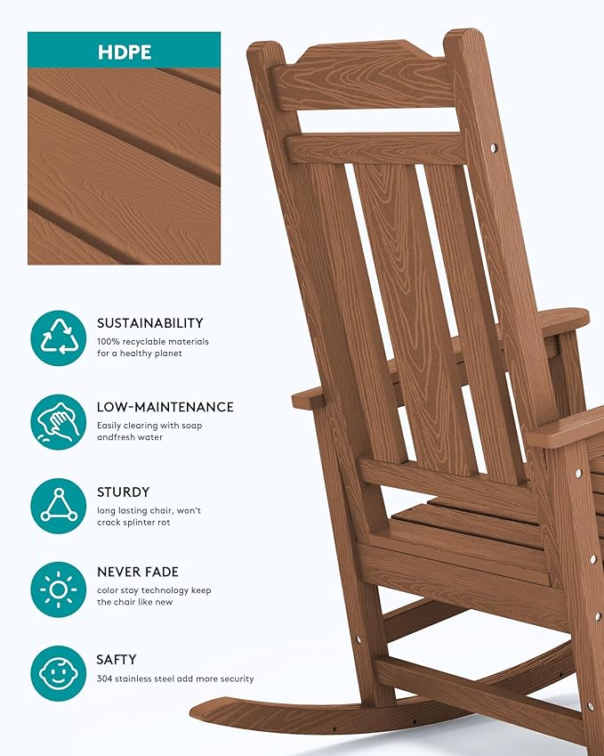 SERWALL Outdoor Rocking Chair Set of 6, Patio Rocking Chair Sets, HDPE Rocking Chair for Adults, Brown - Image 5