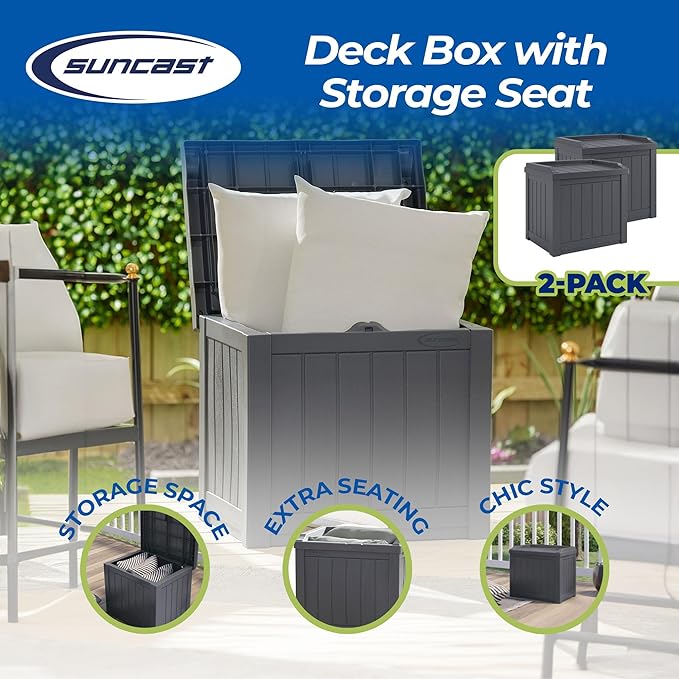 Suncast 2 Pack 22 Gallon Indoor or Outdoor Backyard Patio Small Storage Deck Box with Attractive Bench Seat and Reinforced Lid, Stone Gray - Image 2