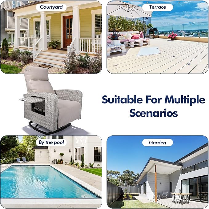 Outdoor Recliner Chair, Wicker Patio Recliners with Adjustable Backrest and Extended Foot Rest, Reclining Patio Chairs with Flip Table & Removable Cushion Cover for Porch - Image 8