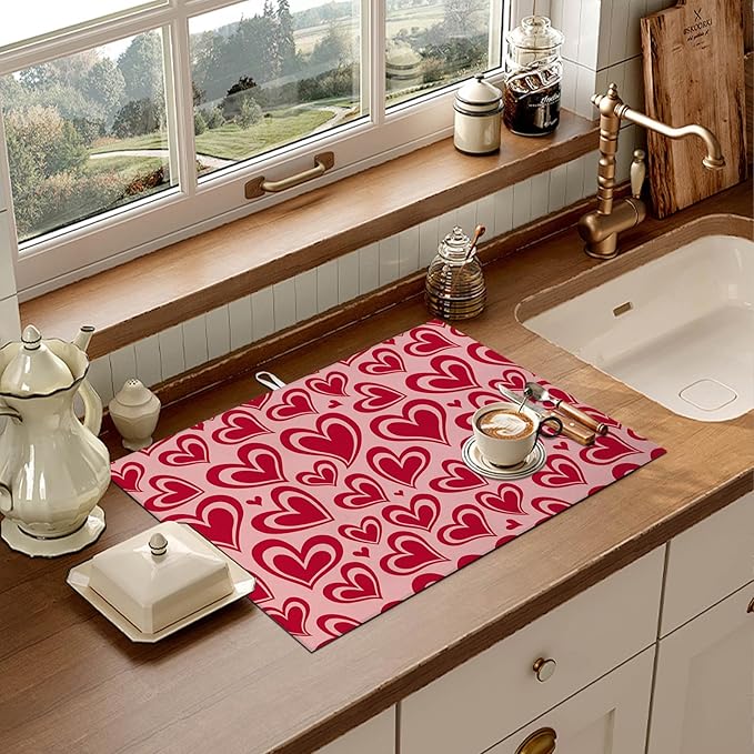 Red Hearts Dish Drying Mat for Kitchen Counter Microfiber Absorbent Dish - Image 6