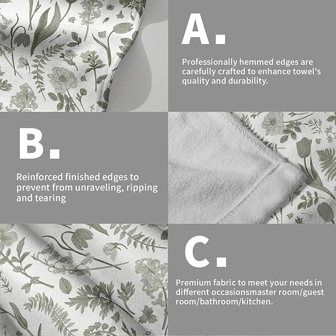 Spring Floral Hand Towels for Bathroom Set of 2 Sage Green White Flower Leaves - Image 5