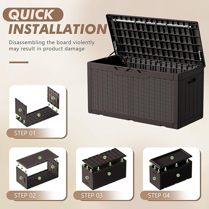 Devoko 100 Gallon Deck Box, Waterproof Resin Outdoor Storage Box with Cushion for Outside and Patio, Large Outdoor Storage Bench Cabinet Lockable for Patio Furniture and Garden Tools (Deep Brown) - Image 4