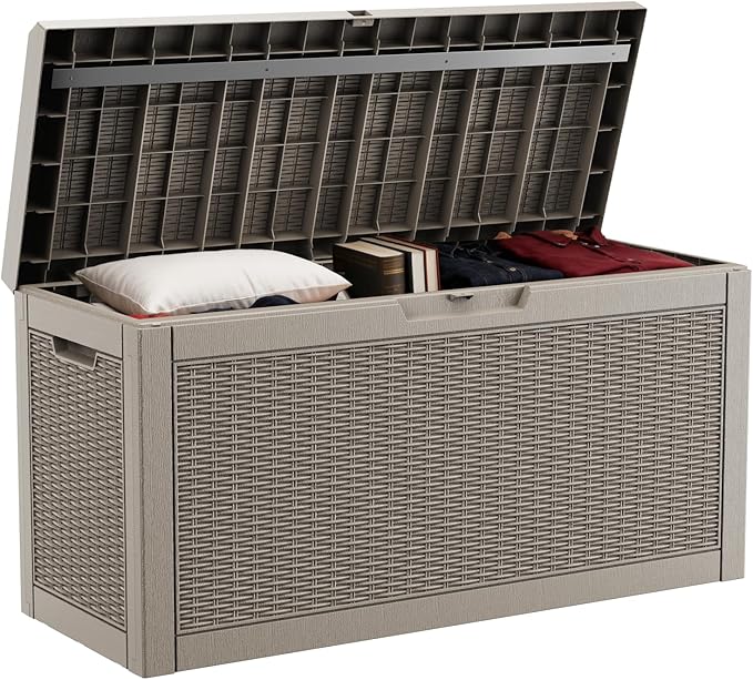 DRATO 60 Gallon Deck Box, Waterproof Resin Large Outdoor Storgae Box for Patio Furniture, Patio Cushions, Gardening Tools, Pool Supplies, Lockable（Gray，60 Gallon） by DRATOprovidesawarmandcozy