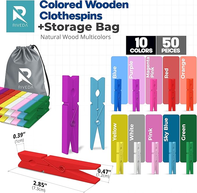 RIVEDA 50pcs Colored Wooden Clothes Pins, 2.9inch 10 Colors, Clothespins - Image 2