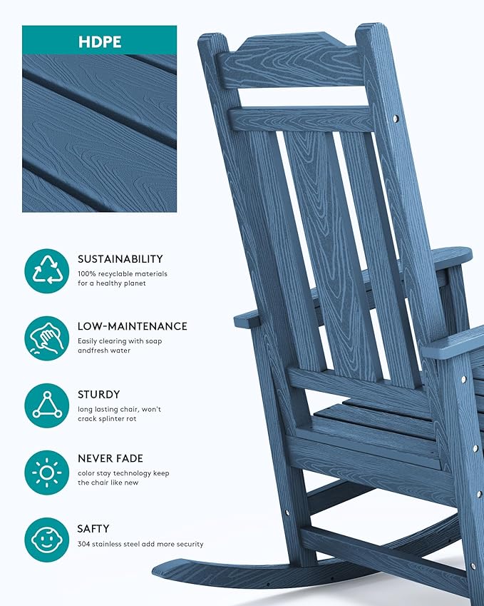 SERWALL Oversized Rocking Chair Outdoor, HDPE Outdoor Rocking Chair, Blue - Image 6