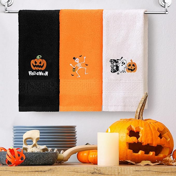 3 Pcs Halloween Hand Towels for Bathroom Embroidered Pumpkin Ghost Skull - Image 6