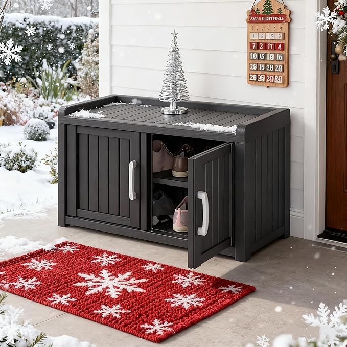 2-Tier Storage Bench, Waterproof UV-Resistant Outdoor Shoe Storage Cabinet with 2 Doors & Adjustable Shelves for Indoor Outdoor Entryway, Hallway, Living Room (Midnight Black) - Image 6
