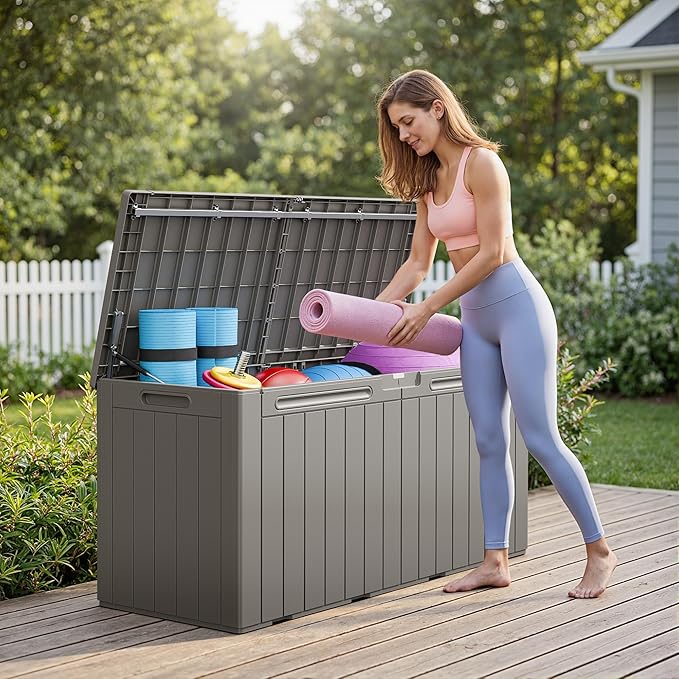 Greesum 110 Gallon Outdoor Storage Box with Lockable Lid, All-Weather Solution for Patio Furniture, Pool Supplies & Garden Tools, Waterproof, UV-Resistant Large Deck Box, Light Coffee - Image 5