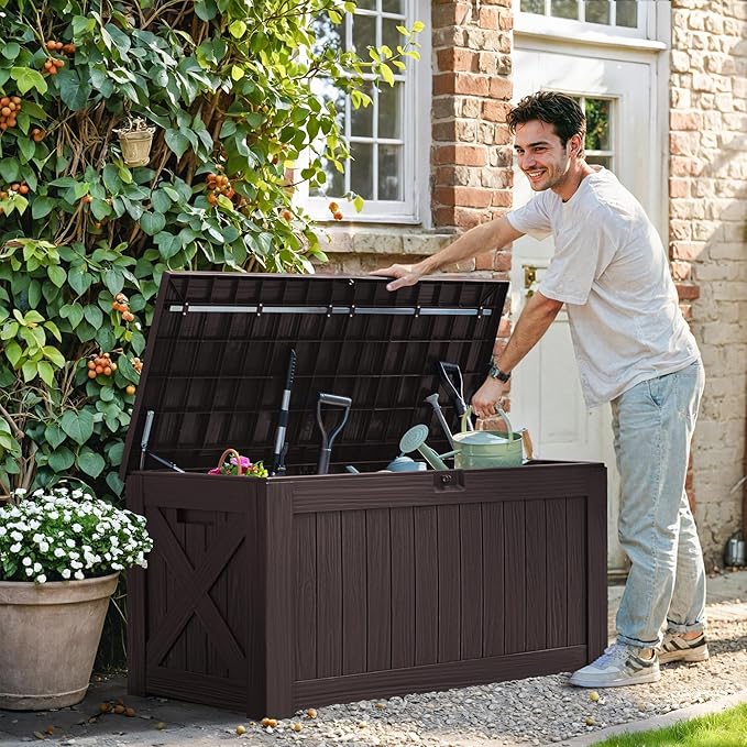 Greesum 120 Gallon Deck Box, Resin Outdoor Storage Container for Patio Furniture, Garden Tools, Pool Accessories, Weatherproof, Lockable, Brown - Image 2
