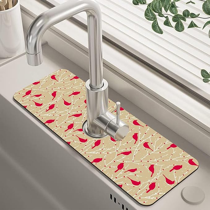 Christmas Cardinal Birds Kitchen Sink Splash Guard Mat Absorbent Fast Drying by Unknown