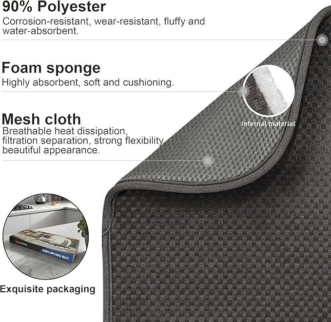 2-Pack Dark Gray Dish Drying Mat 18 x 24 inches – XL Drying Matt Kitchen Counter - Image 4