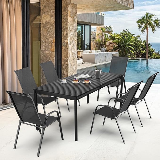 VINGLI Patio Chairs Set of 8 – Stackable Outdoor Dining Chairs with Comfortable Sling High Back Chairs and Armrests for Lawn, Poolside, Courtyard, Balcony, Garden, Black - Image 5