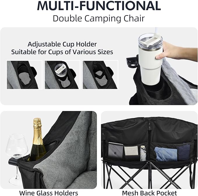 Double Camping Chair Loveseat - 2 Person Oversized Camping Couch for Adults Padded Heavy Duty Outdoor Lawn Beach Portable Folding XL Chairs with Cup Holders and Carry Bag Support 600lbs, Black/Grey - Image 4