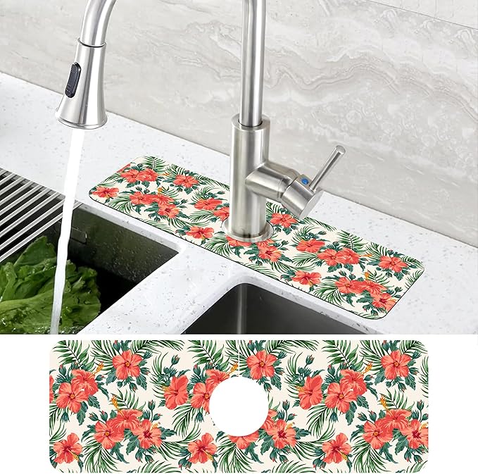 Tropical Leaves and Red Floral Kitchen Sink Splash Guard Mat Absorbent Fast - Image 4