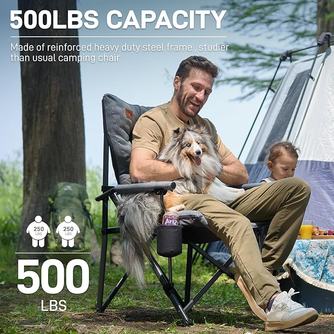 EVER ADVANCED Padded Oversized Folding Camping Chair for Adults, Heavy Duty Lawn Chair with Side Pockets, Portable Collapsible Quad Chair for Outside, Support Up to 500lbs, Grey 2Pack - Image 3