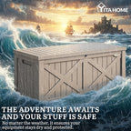 YITAHOME 150 Gallon Large Deck Box with X-Shaped Front, Resin Outdoor Storage Boxes, Waterproof Cushion Storage Bench for Patio, Pool Supplies, Garden Tools - Lockable, Taupe - Image 4