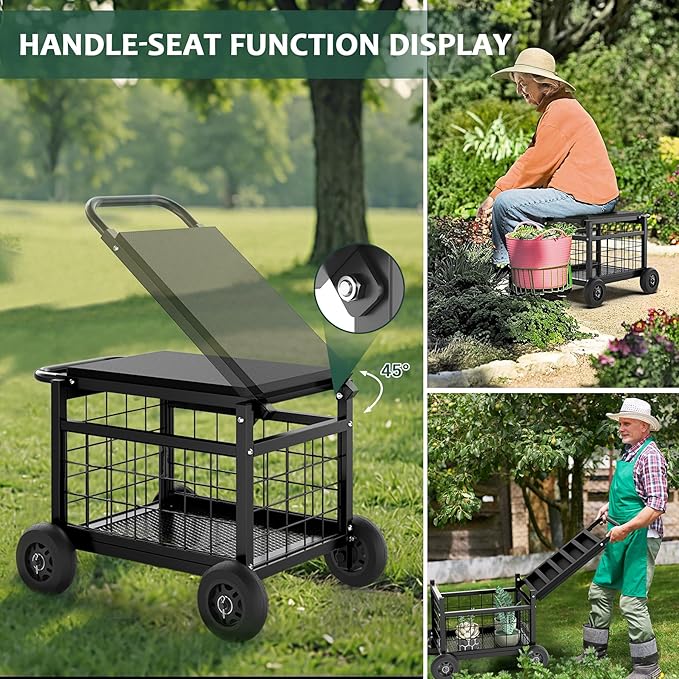 FLINTER Rolling Garden Work Seat with Wheels, Heavy Duty Garden Cart with Seat - Metal Rolling Garden Stool, Upgraded Gardening Cart for Seniors, Outdoor Wagon for Lawn, Patio Gardening, Black - Image 7
