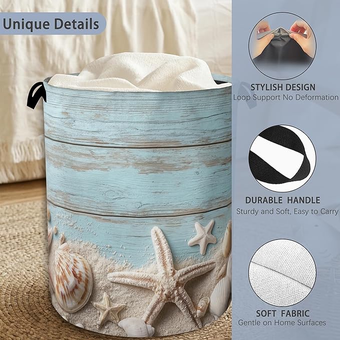Starfish Seashell Laundry Basket, Vintage Wooden Oxford Cloth Laundry Hamper - Image 3