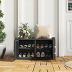 2-Tier Storage Bench, Waterproof UV-Resistant Outdoor Shoe Storage Cabinet with 2 Doors & Adjustable Shelves for Indoor Outdoor Entryway, Hallway, Living Room (Black) - Image 2