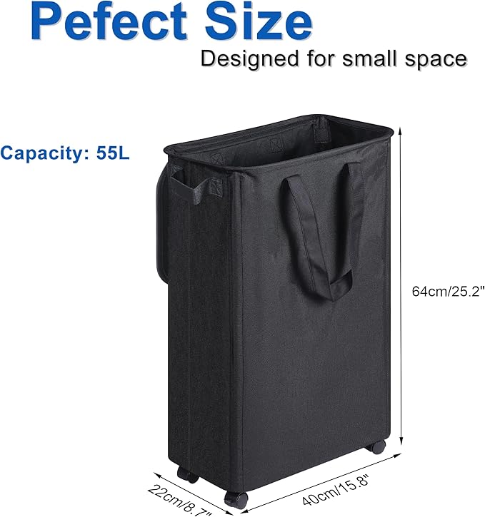Slim Laundry Hamper with Lid and Wheels, Small Rolling Laundry Basket with - Image 5