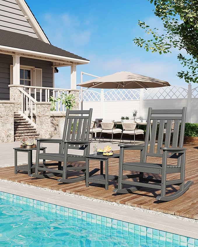 GarveeLife Poly Lumber Rocking Chair Outdoor Set of 4 with 2 Side Table - HDPE High Back Porch Rocker Chairs for Adults - All Weather Resistant Furniture for Patio - Gray - Image 7