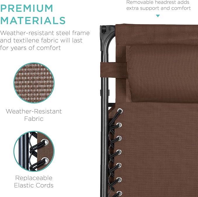 Best Choice Products Folding Zero Gravity Outdoor Recliner Patio Lounge Chair w/Adjustable Canopy Shade, Headrest, Side Accessory Tray, Textilene Mesh - Brown - Image 6