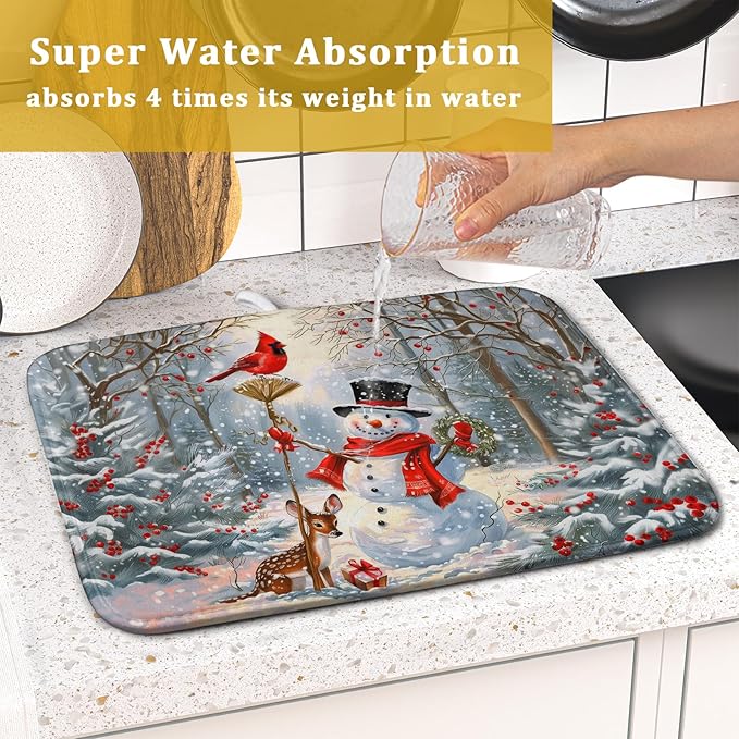Winter Snowman Dish Drying Mat for Kitchen Counter Red Bird Berry Dishes - Image 7