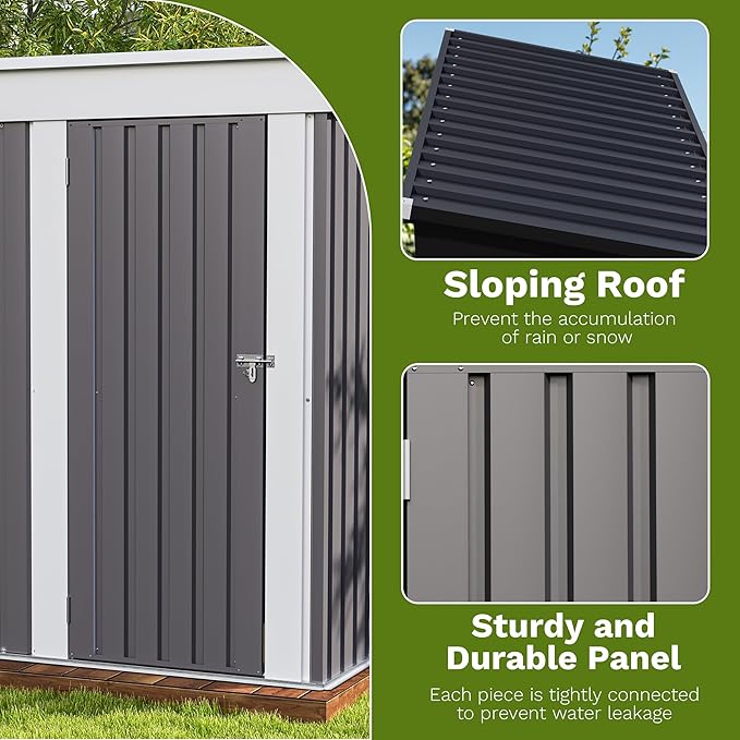 Patiowell 5x3 FT Outdoor Storage Shed, Garden Tool Shed with Sloping Roof and Lockable Door, Metal Shed for Backyard Garden Patio Lawn, Gray - Image 4