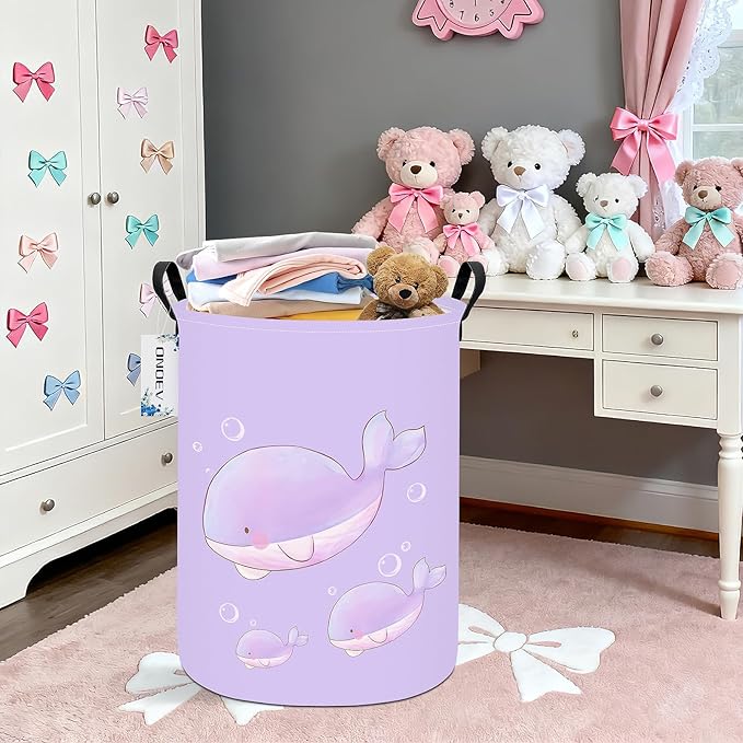 Round Foldable Girls' Storage Basket Kids Laundry Hamper Purple Gift Basket - Image 5