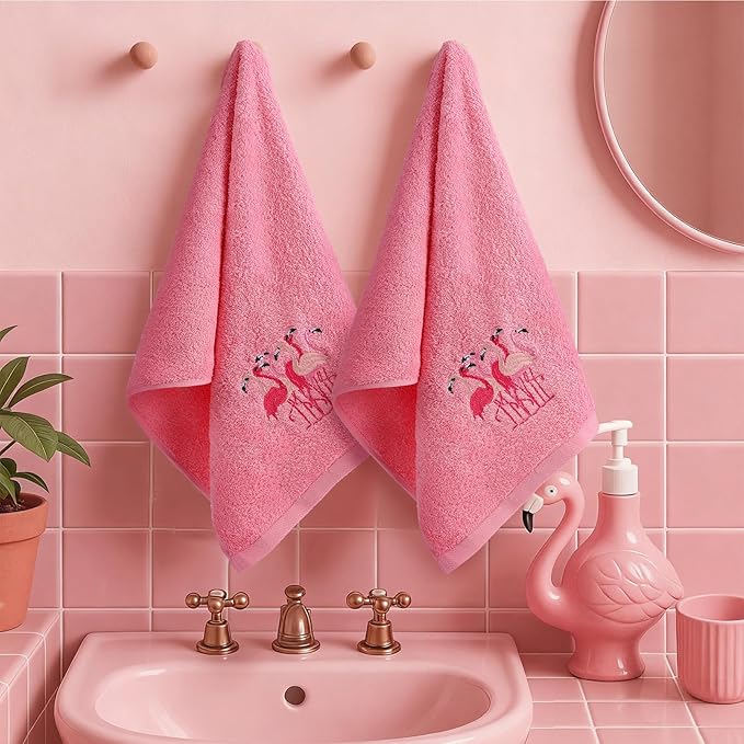 2 Pcs Flamingo Hand Towels Hot Pink Bathroom Decor 14x29 Inch Embroidered 100% - Image 6