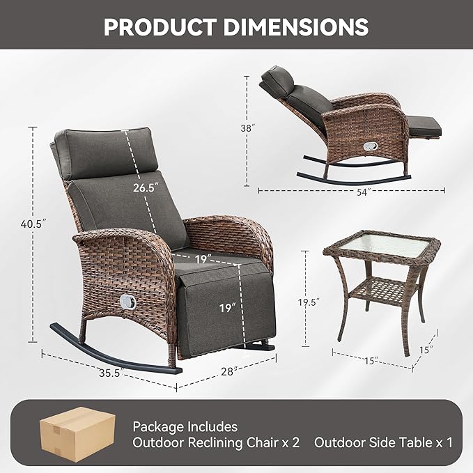 3 Pieces Zero Gravity Wicker Patio Rocking Recliner Chairs Set of 2 - Wicker Outdoor Lounge Chair with Side Table, Adjustable Backrest & Footrest, High Back Outdoor Recliner Chair for Pool Deck Gray - Image 2