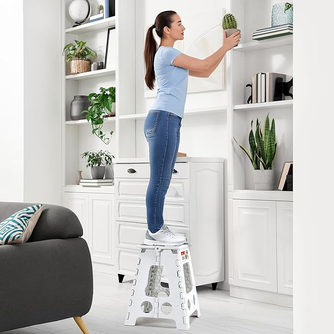 ACSTEP Folding Step Stool 16 Inch Heavy Duty Step Stool Foldable for Adults and Kids, Collapsible Stepping Stool with Handle, Non Slip Folding Stools for Kitchen Hold Up to 400lbs (White 1PC) - Image 5