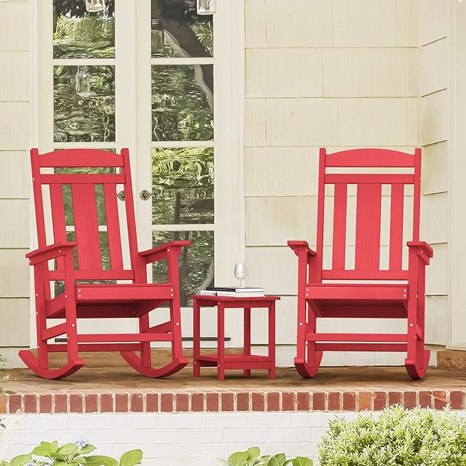 LUE BONA Outdoor Rocking Chairs Set of 4, HDPS Porch Rocker with High Back, Plastic Weather Resistant Rocking Chairs for Outdoor Indoor, Garden, Backyard, 350lb, Bright Red - Image 8