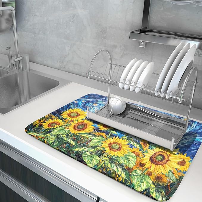 Sunflower Dish Drying Mat for Kitchen Counter 24x18 Inch Starry Night Drying Mat - Image 2