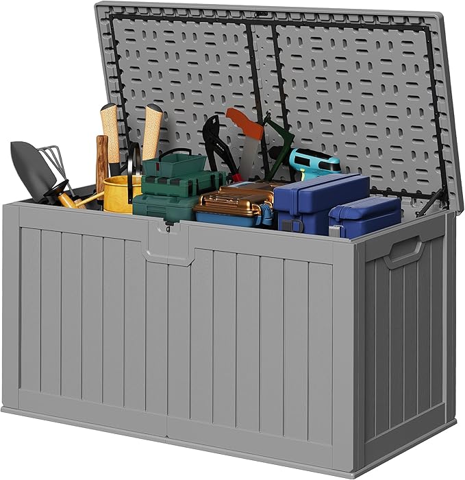 Devoko 240 Gallon Double-Wall Deck Box with Divider, Side Handles, Resin Outdoor Large Storage Box Waterproof and Lockable for Patio Furniture, Garden, Pool (Grey) by DEVOKO