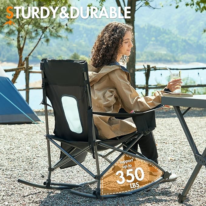 Portal Outdoor Rocking Chair Camping Folding Portable Rocker with Cup Holder Side Pocket Carry Bag, Support 350LBS (Mesh Black) - Image 6