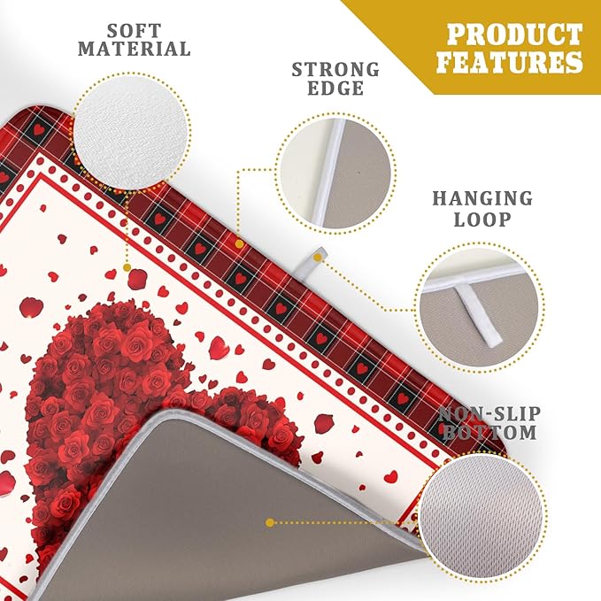 Giwawa Love Heart Dish Drying Mat 18x24 inch Valentines Day Red Rose Flowers - Image 4