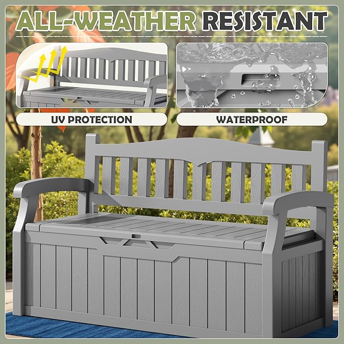Homall 75 Gallon Outdoor Storage Benches Lockable Deck Box with Waterproof and UV Resistant, Waterproof Storage Box for Patio Furniture, Tools, Cushions (Grey) - Image 5