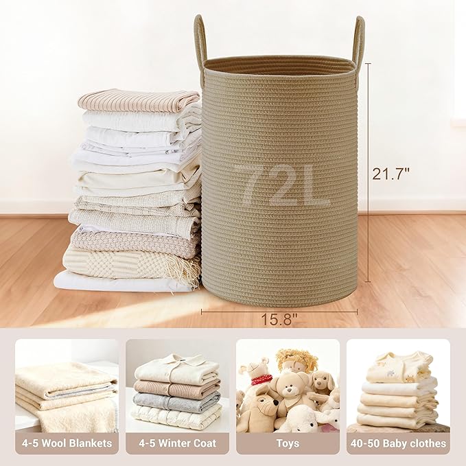 Tall Laundry Basket with Handles, 72L Portable Dirty Clothes Hamper, Boho - Image 2
