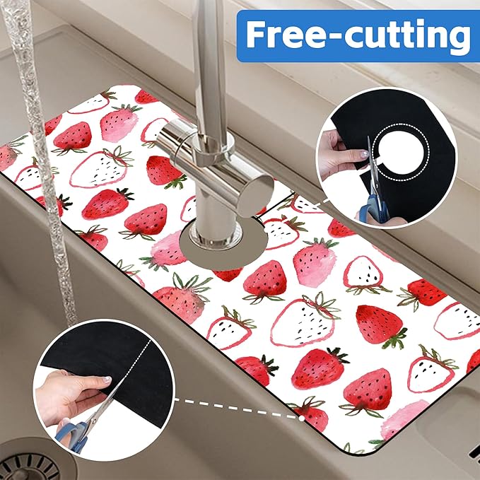 Watercolor Strawberry Kitchen Sink Splash Guard Mat Absorbent Fast Drying Mat - Image 7