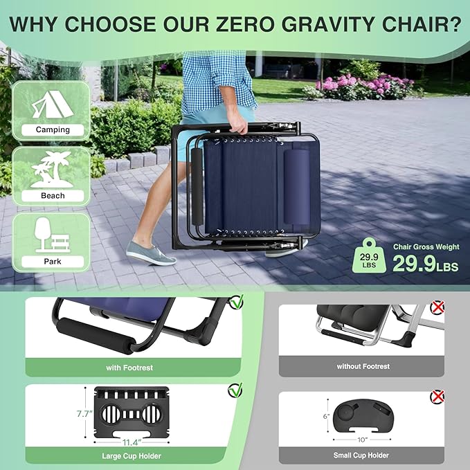 Suteck Oversized Zero Gravity Chair,33In XXL Outdoor Recliner Chair w/Removable Cushion&Headrest, Camping Lounge Chair w/Upgraded Lock&Footrest, Reclining Patio Chairs for Indoor Outdoor,500LBS - Image 5