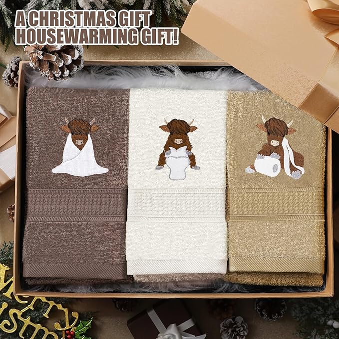 3 Pcs Highland Cow Hand Towels Embroidered Cow Farmhouse Decorative Bath Towels - Image 6