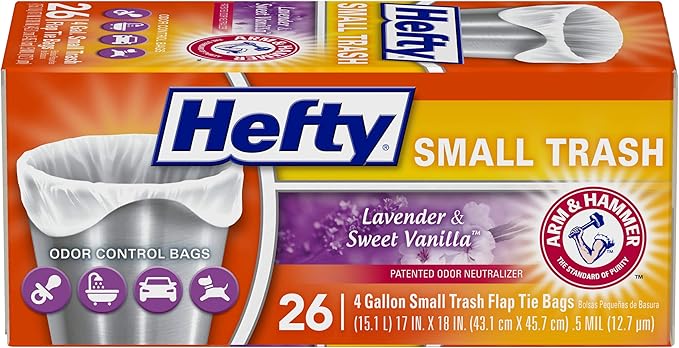 Hefty Small Garbage Bags, Flap Tie, Lavender & Sweet Vanilla Scent, 4 Gallon by Hefty
