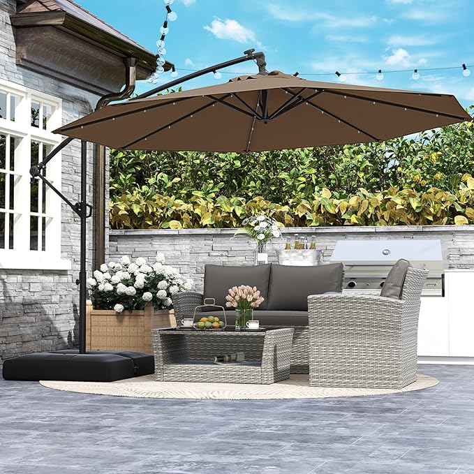 Tangkula 10ft Solar LED Patio Umbrella with Base, Offset Cantilever Outdoor Umbrella with 32 LED Lights, Infinite Tilt, 360 Degree Rotation, Crank Handle for Pool Deck Garden Backyard (Tan) - Image 3