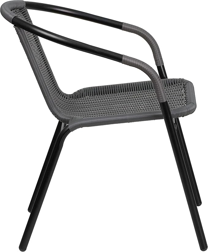 EMMA + OLIVER Set of 4 Modern Rattan Indoor/Outdoor Stack Chairs, Stacking Rattan Patio Chairs with Curved Back and Cross Bracing, Gray - Image 8