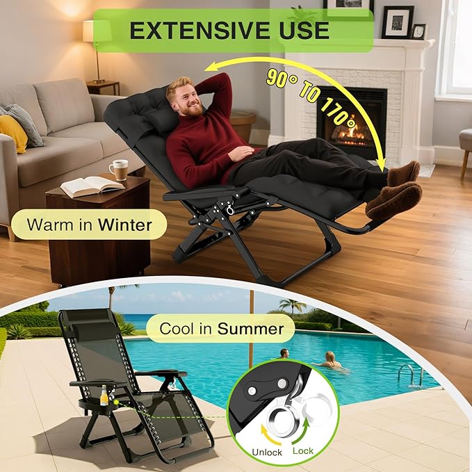 Suteck Zero Gravity Chair Set of 2, Reclining Camping Lounge Chair w/Removable Cushion, Upgraded Lock and Cup Holder, Reclining Patio Chairs Folding Recliner for Indoor and Outdoor - Image 4