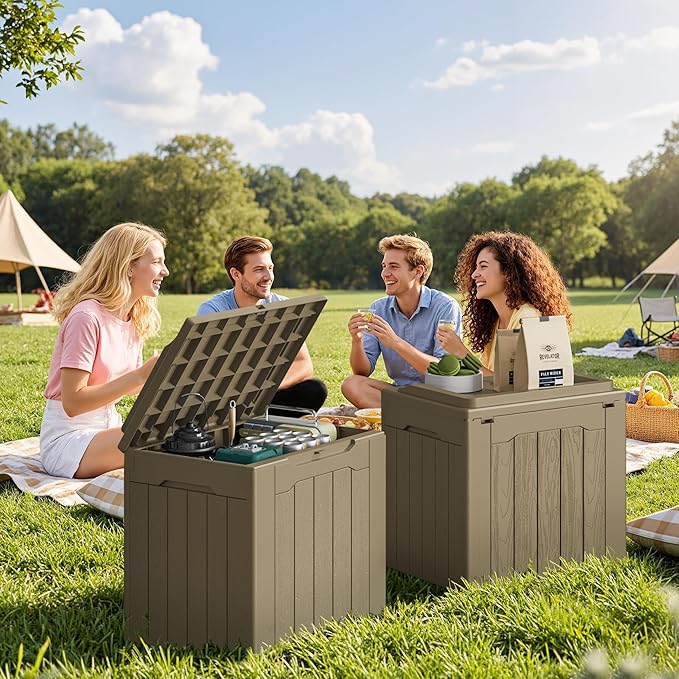 JUMMICO 31 Gallon Resin Deck Box Waterproof Indoor Outdoor Storage Boxes for Patio Furniture Cushions and Garden Tools (Light Brown, 31gallon-2 Packs) - Image 7