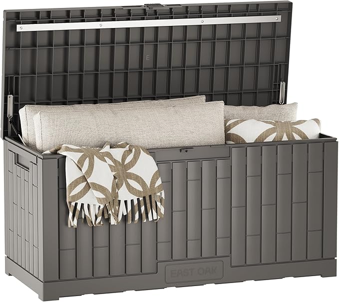 EAST OAK 120 Gallon Outdoor Storage Box | Large Resin Deck Box with Reinforced Stainless Steel Support | Waterproof & UV-Resistant Patio Storage Box for Cushions, Garden Tools & Pool Accessories, Grey by EASTOAK