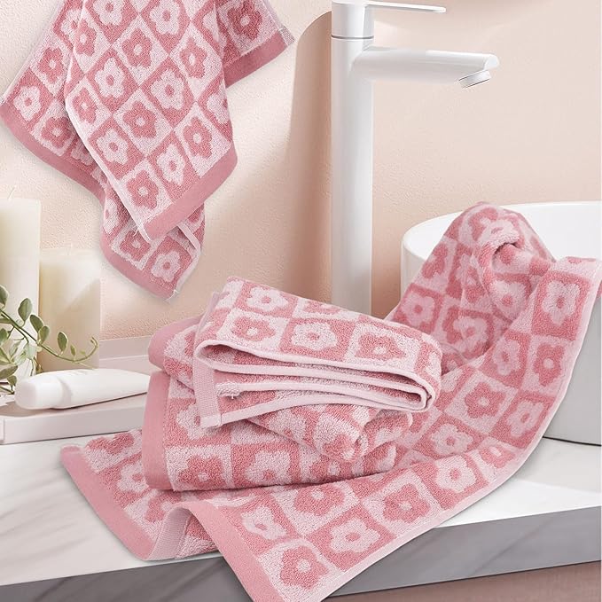 Jacquotha Cotton Hand Towels Pink Checkered Floral - Image 3
